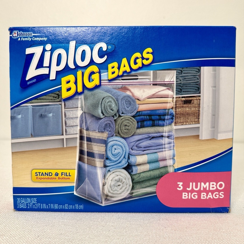 Ziploc Big Bags Jumbo 20 Gallon Size (3 Count Pack) Storage Tote Bag Open Box